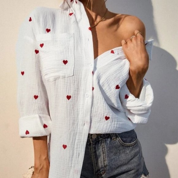 Cute Heart Embroidery Button Down Contemporary Blouse - Picture 5 of 5